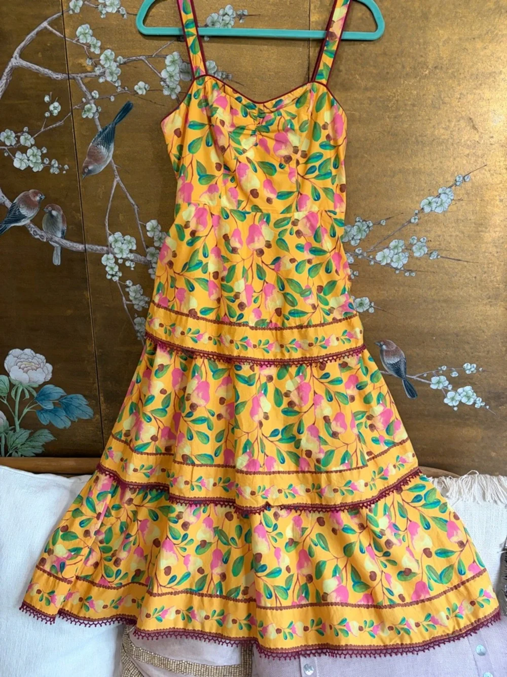 Farm Rio Cashew Tiered Midi Dress, floral print, fit & flare, cotton, vacation - Picture 10 of 15